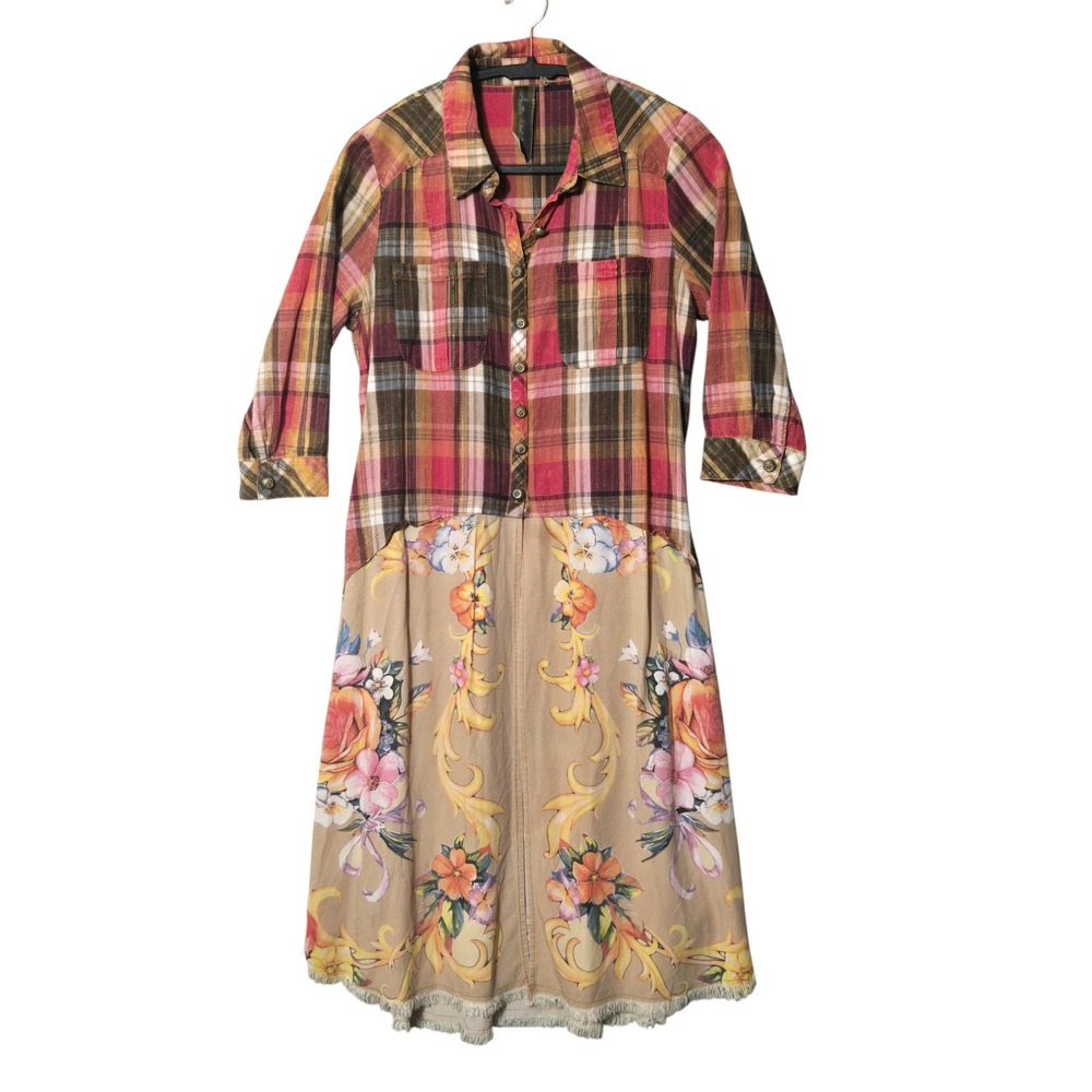 Aratta Silent Journey Plaid Floral Mixed Media Shirt Dress Multi M Western Boho